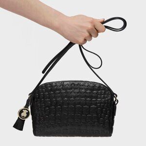TOUS Nika Sherton Crossbody Black Embossed Bear Leather Bag
